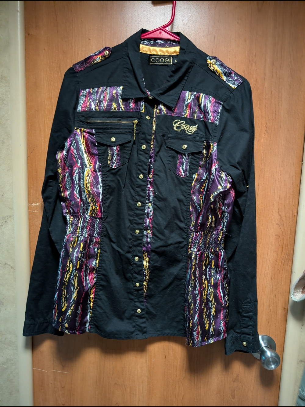 Coogi Black Button-Up Shirt with Multicolor Abstract Panels